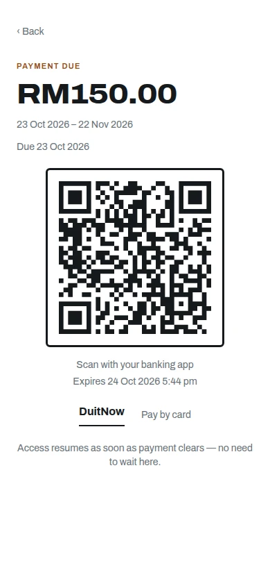 Members pay the way they already pay for everything else. The money goes from them to your own Stripe or Xendit account, then to your bank.